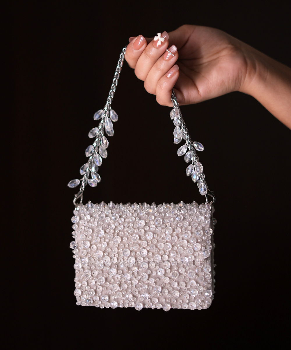 Kiyara Silver Suede Crystal Embellished Mini Bag