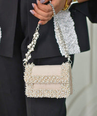 Aliya Ivory Suede Pearl Embellished Clutch