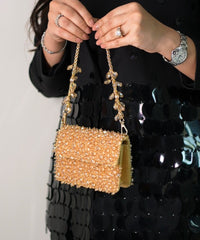 Kiyara Gold Suede Crystal Embellished Mini Bag