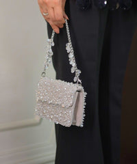Kiyara Silver Suede Crystal Embellished Mini Bag