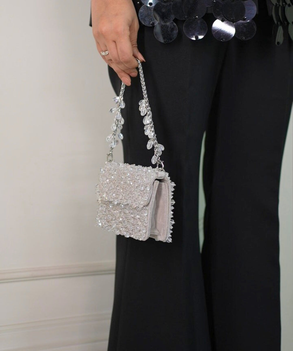 Kiyara Silver Suede Crystal Embellished Mini Bag