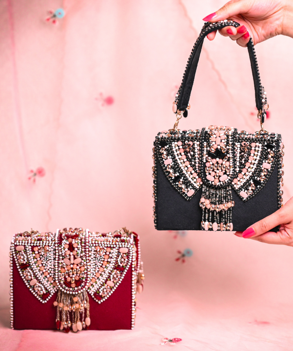 Sara Maroon Suede Embellished Box Bag