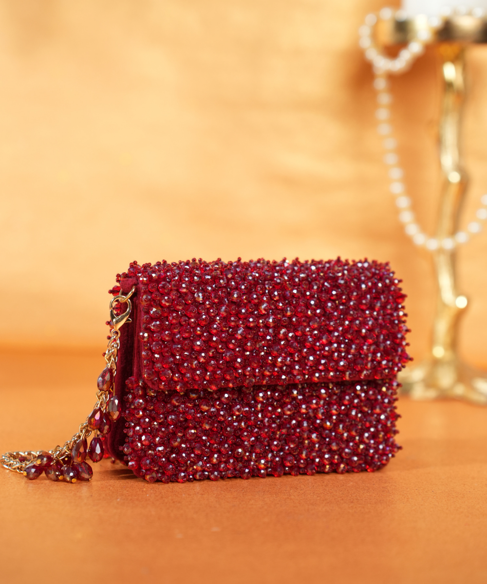 Kiyara Maroon Suede Crystal Embellished Mini Bag