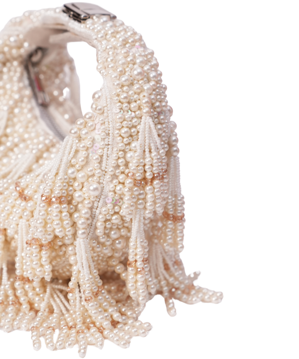 Emma Ivory Suede Pearl Embellished Hobo Bag