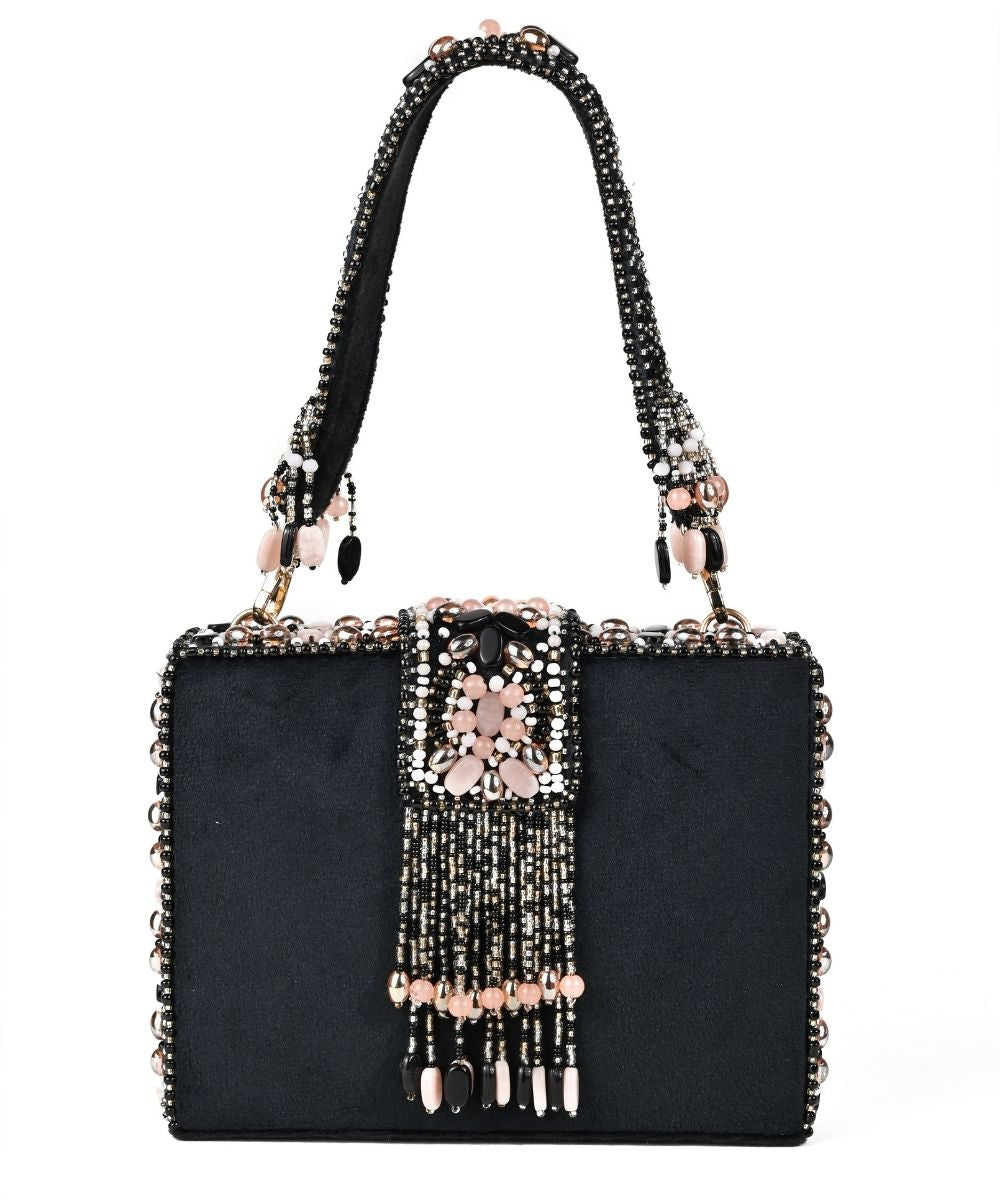 Sara Black Suede Embellished Box Bag