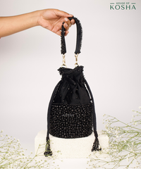 Zaria Black Suede Crystal Embellished Bucket Bag