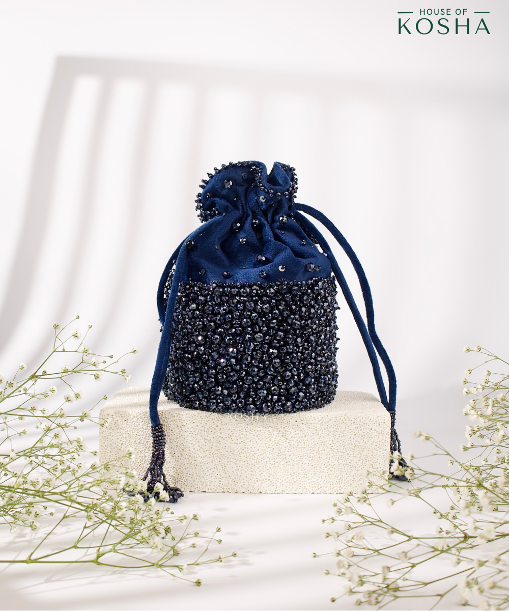 Zaria Navy Blue Suede Crystal Embellished Bucket Bag