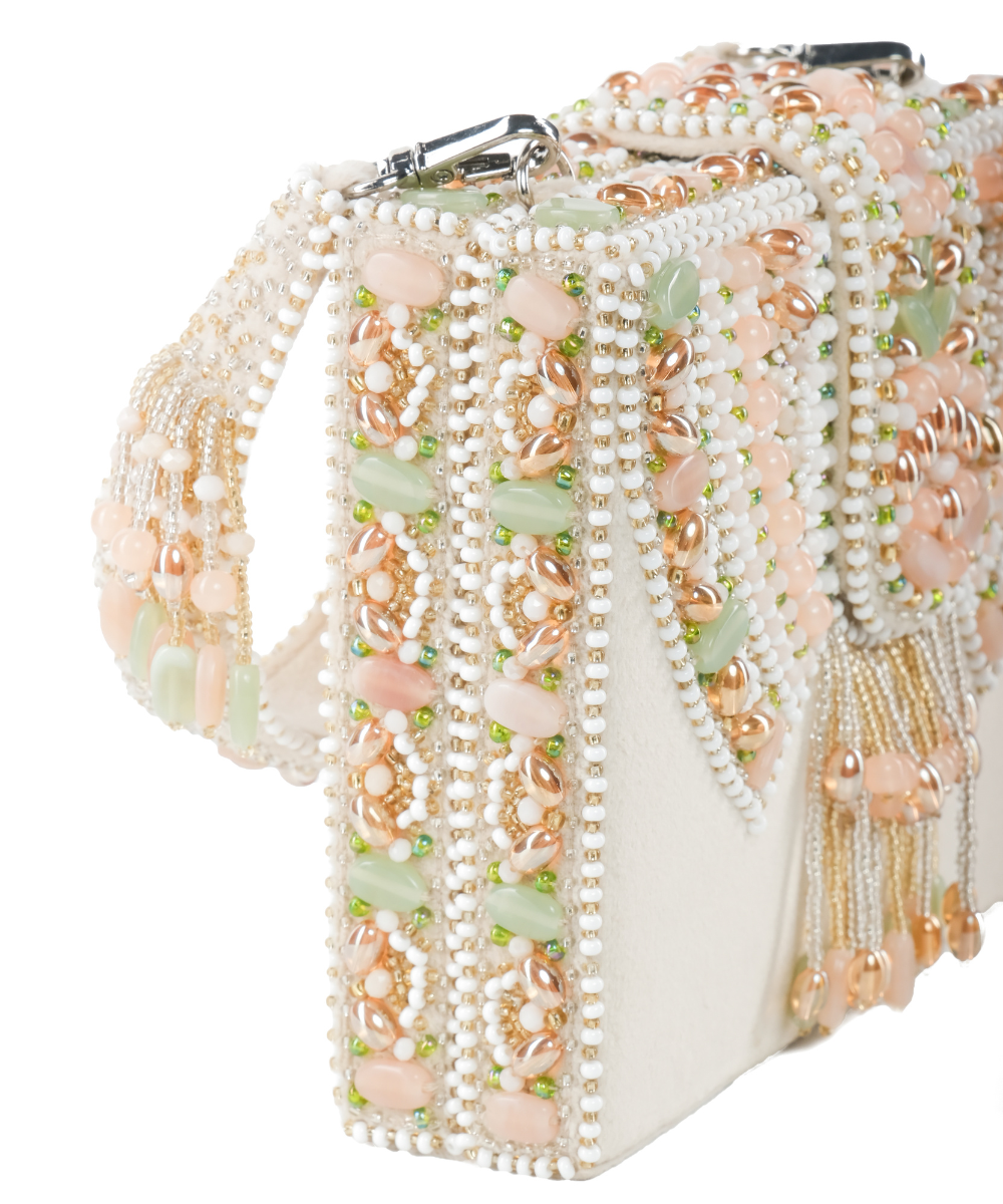 Sara Ivory Suede Embellished Box Bag