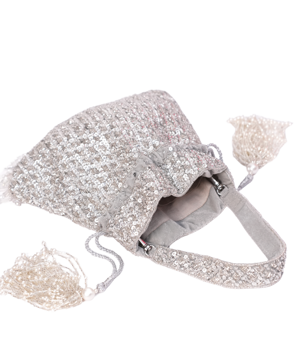 Sitara Silver Suede Sequin Embellished Potli