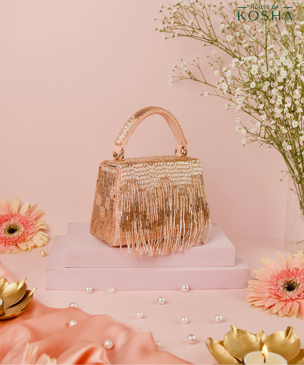 Bushra Rose Gold Suede Handcrafted Box Bag