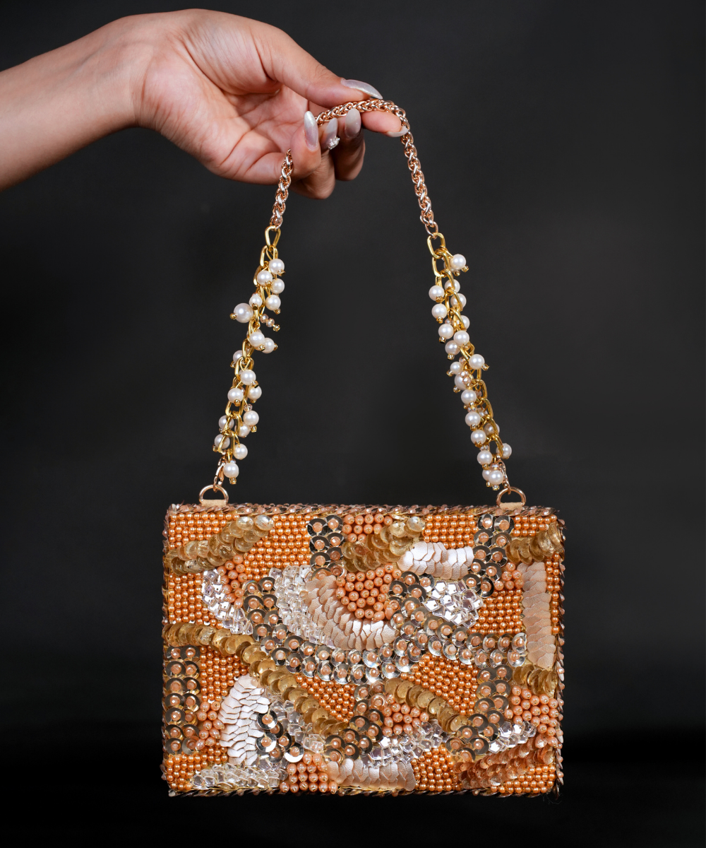 Amna Gold Suede Embellished Clutch