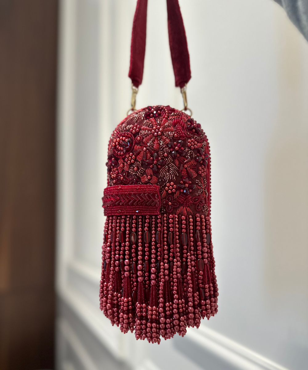 Azmat Maroon Suede Embellished Capsule Bag