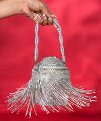 Glitz Silver Georgette Rhinestone Bucket Bag
