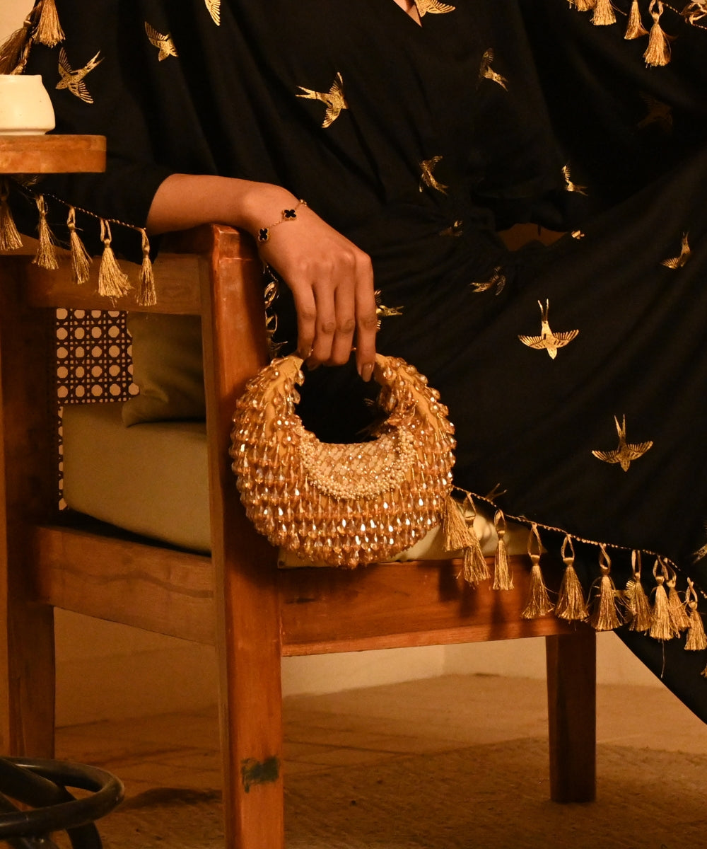 Alara Gold Suede Embellished Hobo Bag- House of Kosha -2