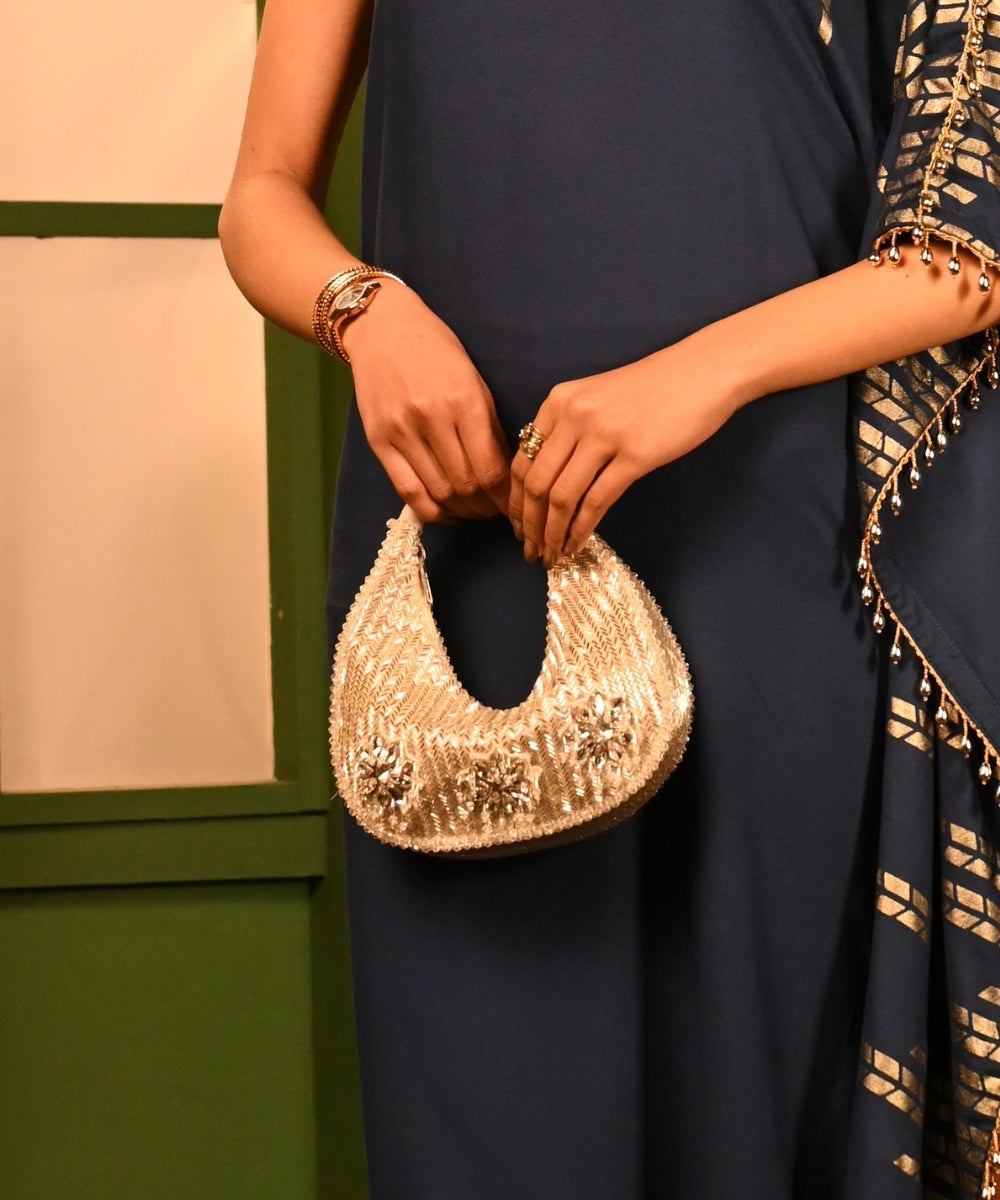 Elina Silver Suede Embellished Hobo Bag - House of Kosha