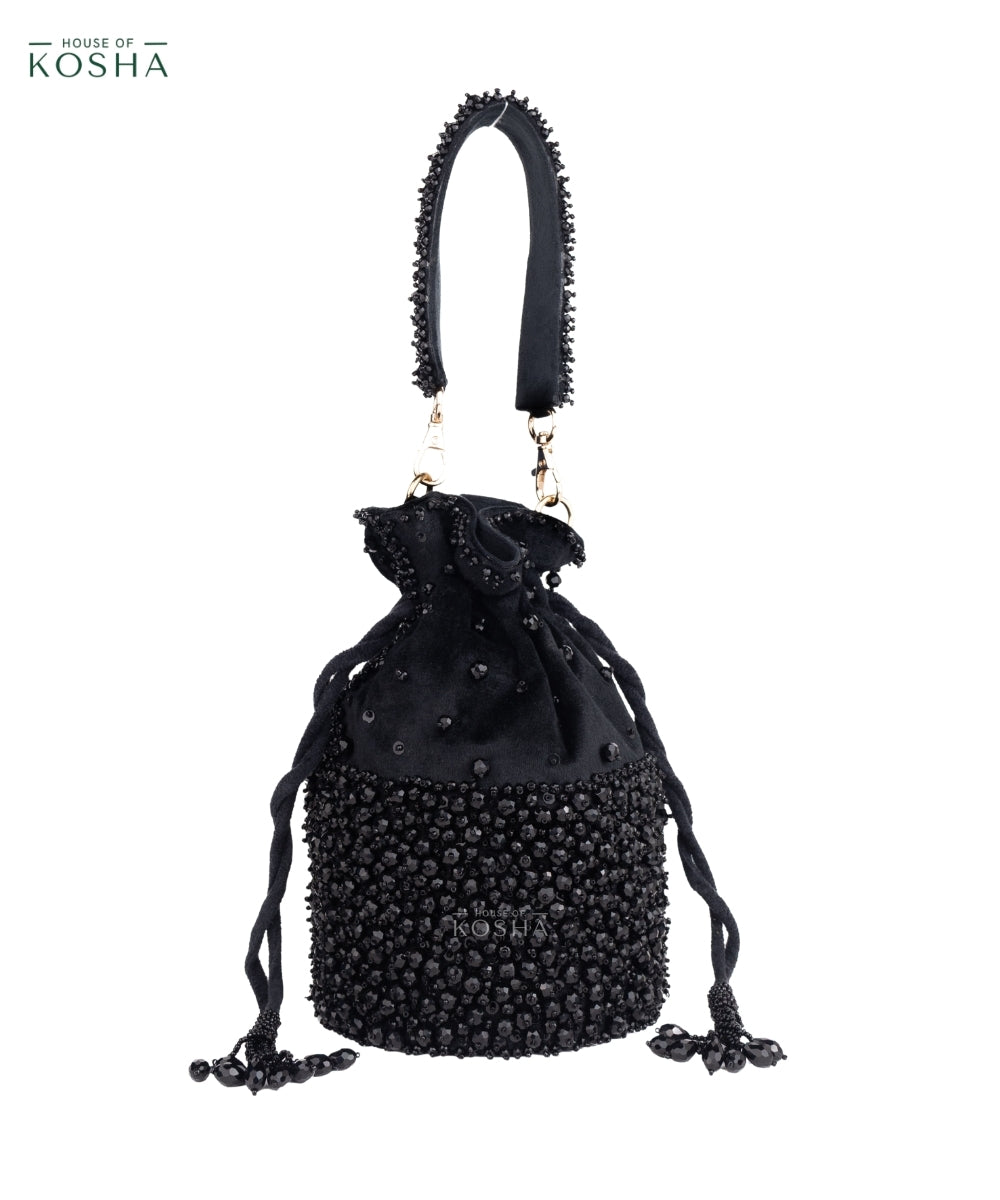 Zaria Black Suede Crystal Embellished Bucket Bag
