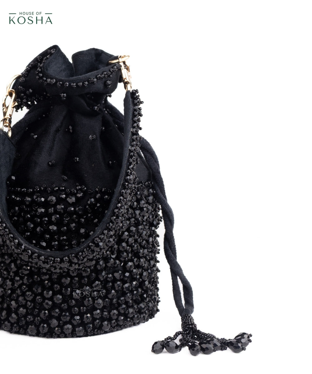 Zaria Black Suede Crystal Embellished Bucket Bag