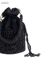 Zaria Black Suede Crystal Embellished Bucket Bag