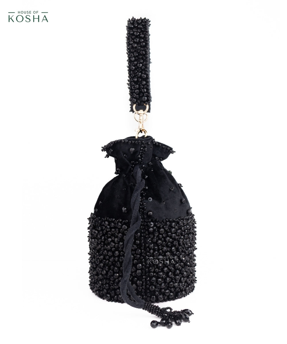 Zaria Black Suede Crystal Embellished Bucket Bag