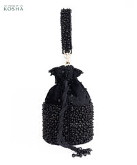 Zaria Black Suede Crystal Embellished Bucket Bag