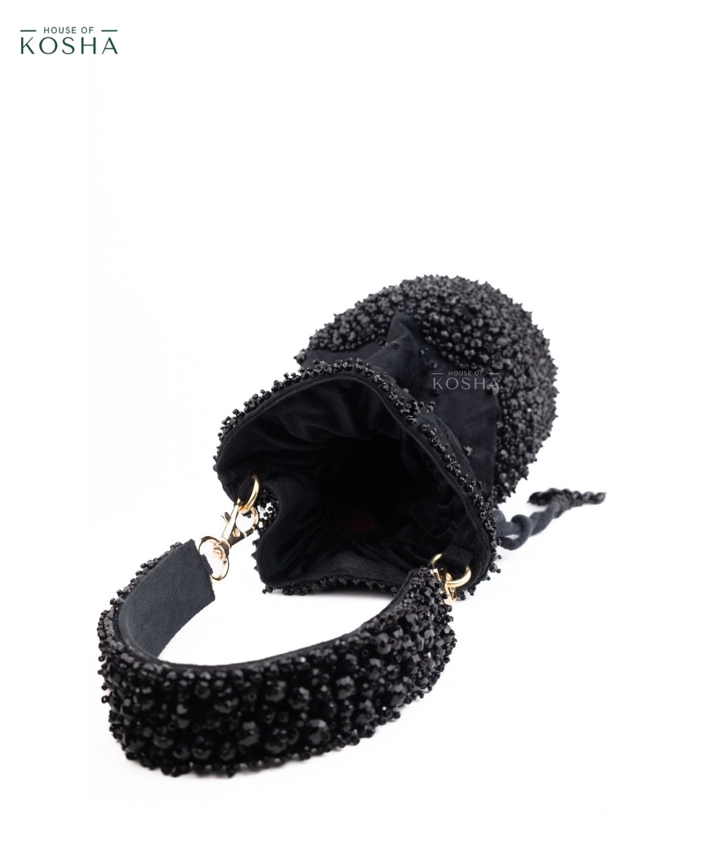 Zaria Black Suede Crystal Embellished Bucket Bag