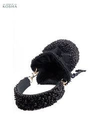 Zaria Black Suede Crystal Embellished Bucket Bag
