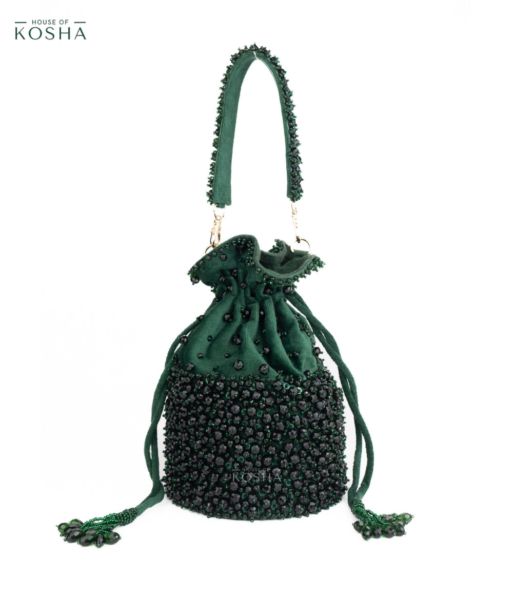 Zaria Green Suede Crystal Embellished Bucket Bag