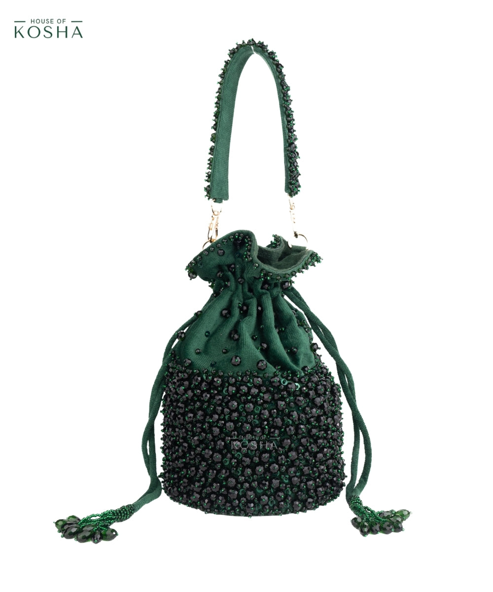 Zaria Green Suede Crystal Embellished Bucket Bag