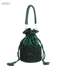 Zaria Green Suede Crystal Embellished Bucket Bag