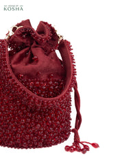 Zaria Maroon Suede Crystal Embellished Bucket Bag