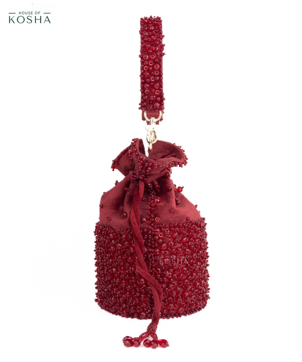 Zaria Maroon Suede Crystal Embellished Bucket Bag