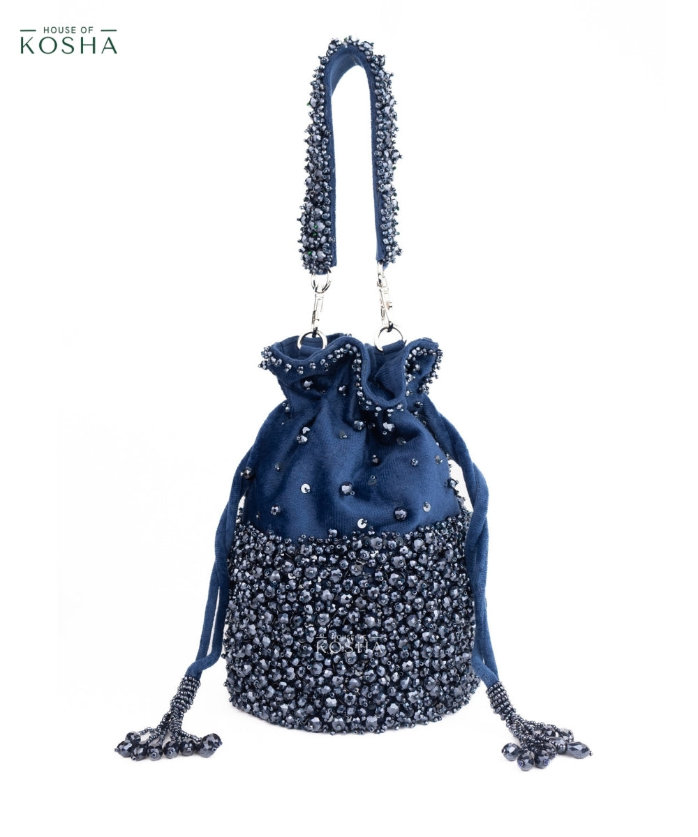 Zaria Navy Blue Suede Crystal Embellished Bucket Bag
