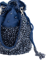 Zaria Navy Blue Suede Crystal Embellished Bucket Bag