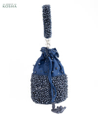 Zaria Navy Blue Suede Crystal Embellished Bucket Bag