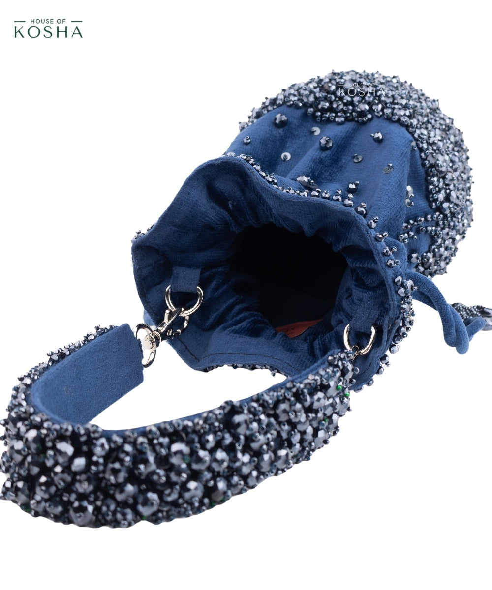 Zaria Navy Blue Suede Crystal Embellished Bucket Bag