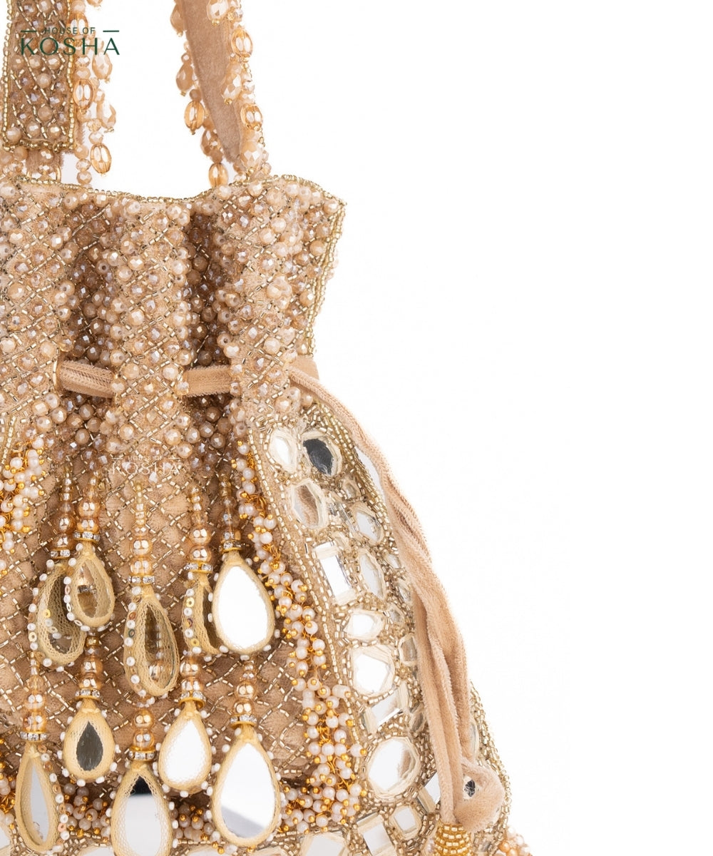 Tarah Gold Suede Mirror Embellished Potli