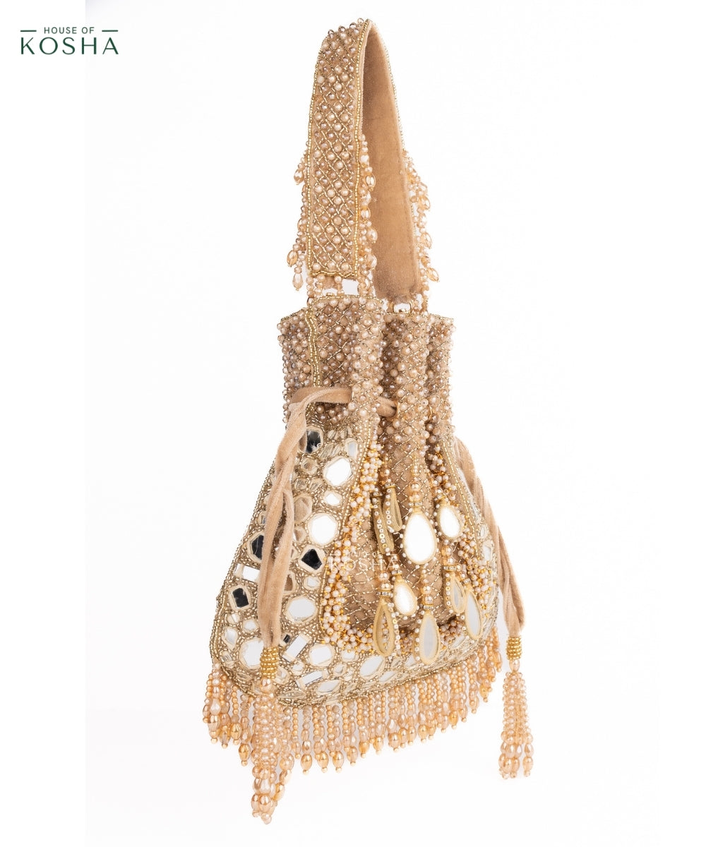 Tarah Gold Suede Mirror Embellished Potli