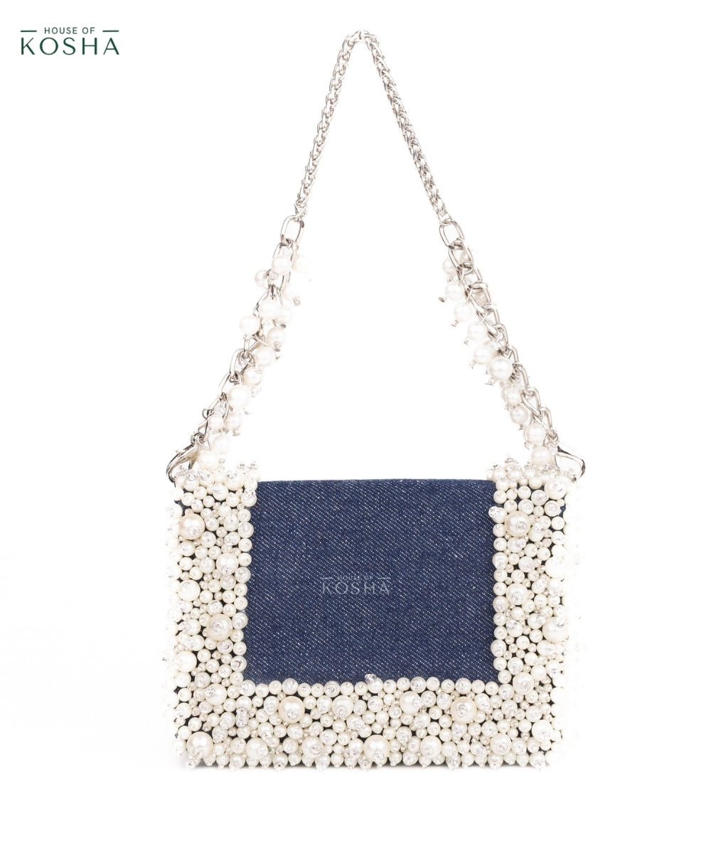 Elana Denim Pearl Embellished Mini Bag