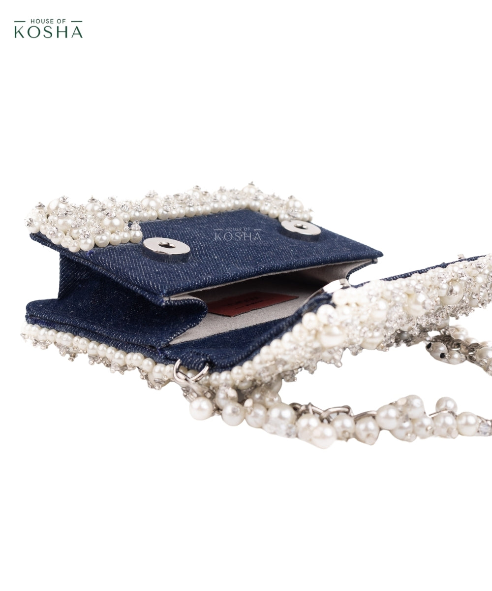 Elana Denim Pearl Embellished Mini Bag