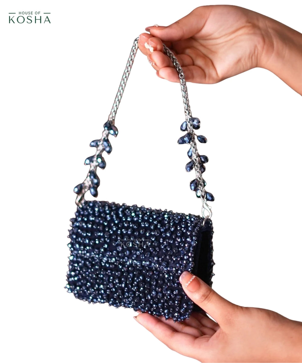 Kiyara Navy Blue Suede Crystal Embellished Mini Bag