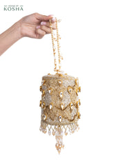 Rania Gold & Silver Georgette Embellished Cylinder Mini Bag