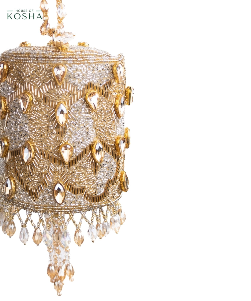 Rania Gold & Silver Georgette Embellished Cylinder Mini Bag