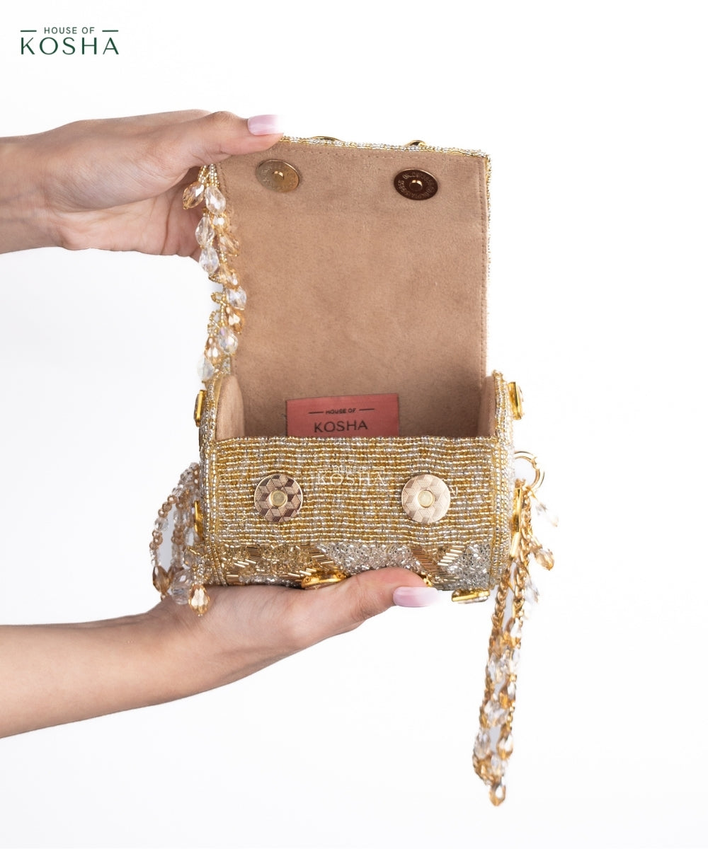 Rania Gold & Silver Georgette Embellished Cylinder Mini Bag