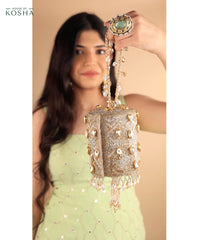 Rania Gold & Silver Georgette Embellished Cylinder Mini Bag