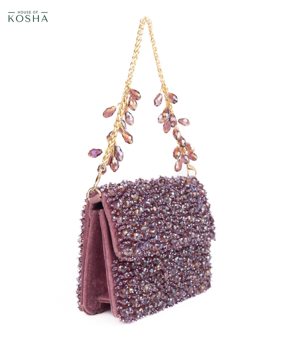 Kiyara Mauve Suede Crystal Embellished Mini Bag