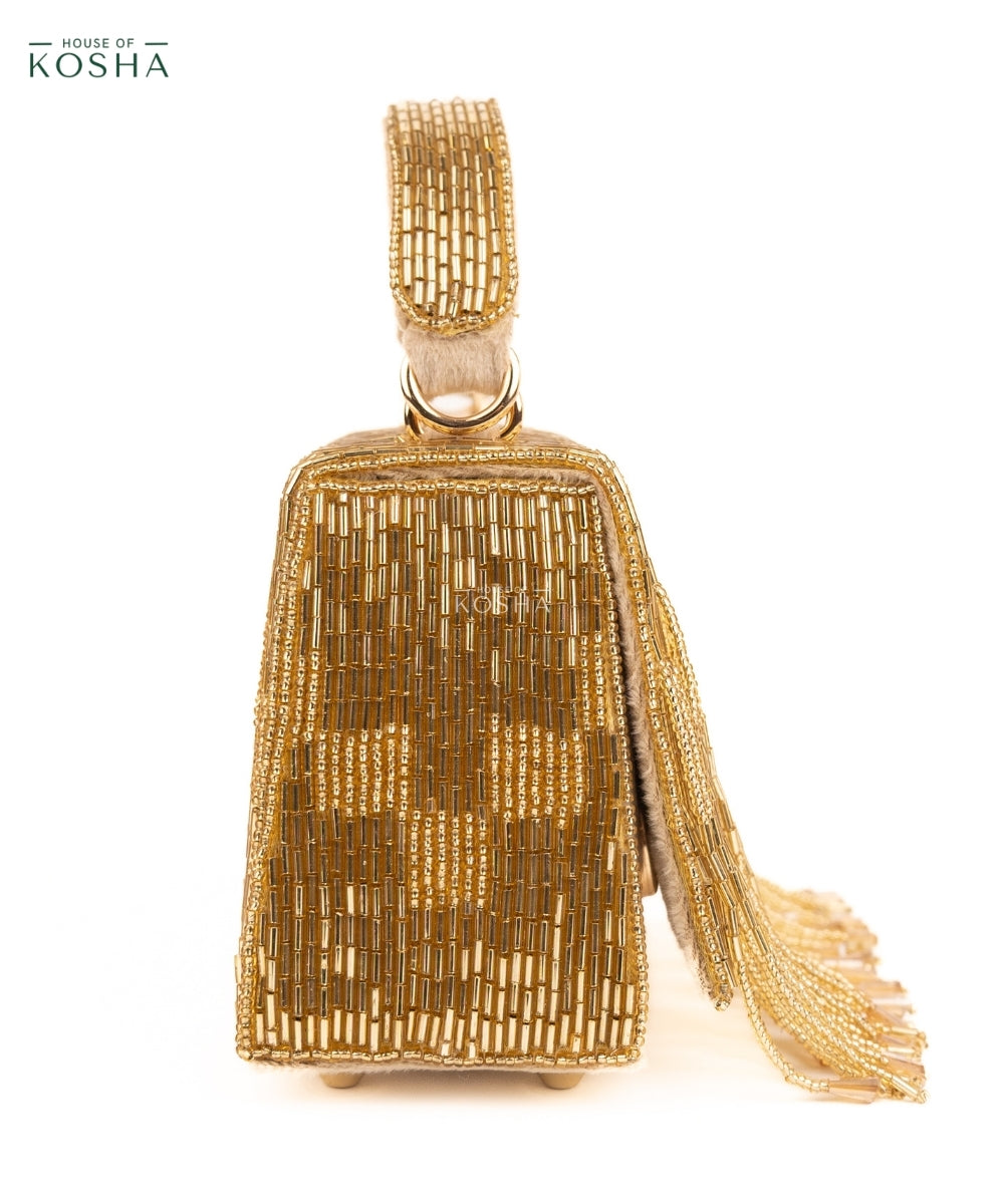 Bushra Gold Suede Handcrafted Box Bag
