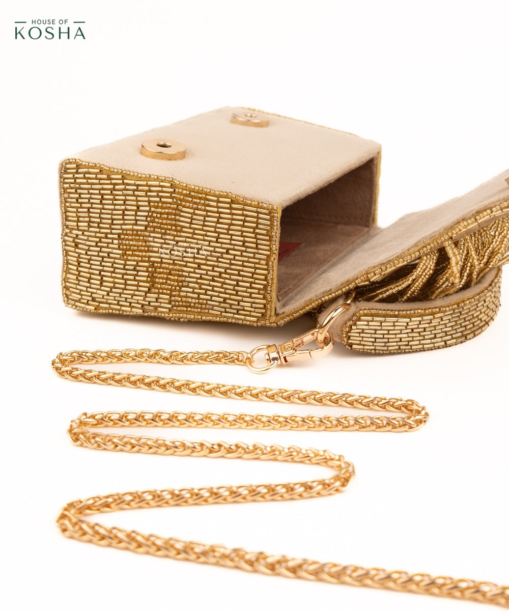 Bushra Gold Suede Handcrafted Box Bag
