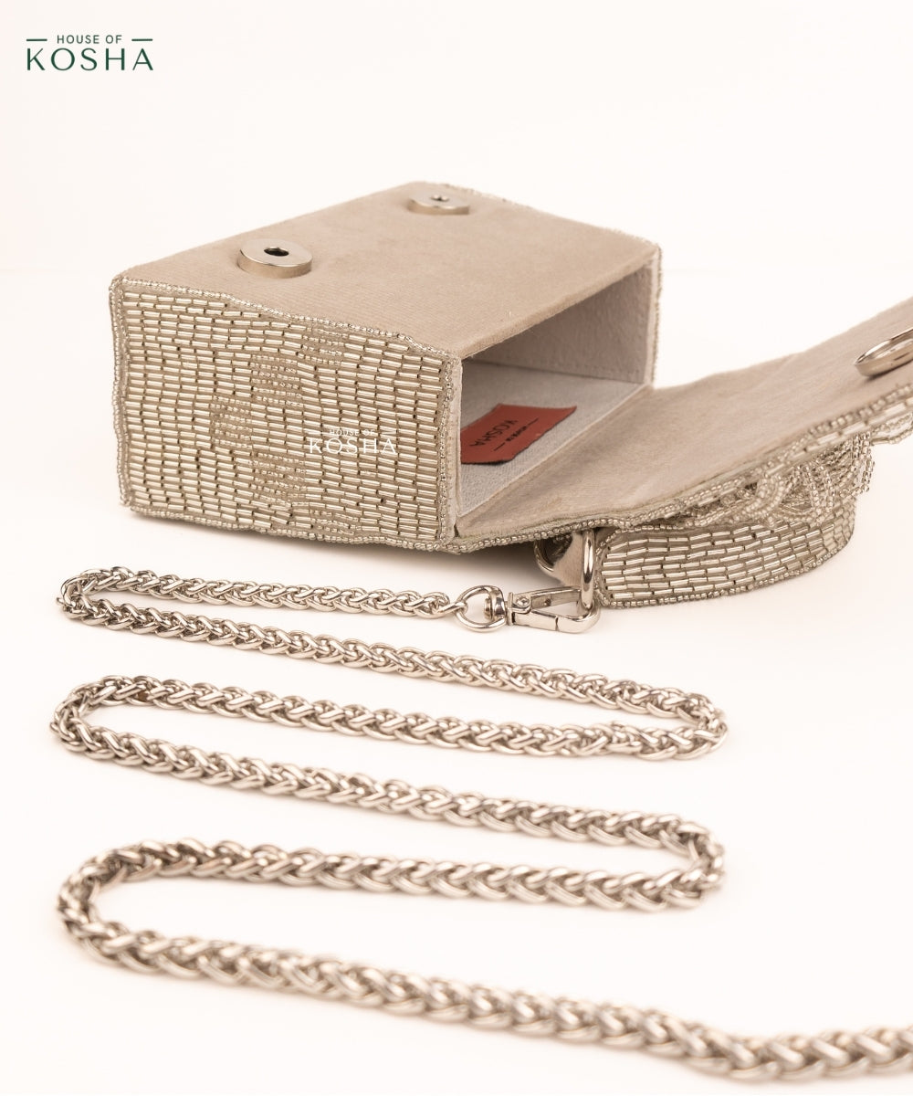 Bushra Silver Suede Handcrafted Box Bag
