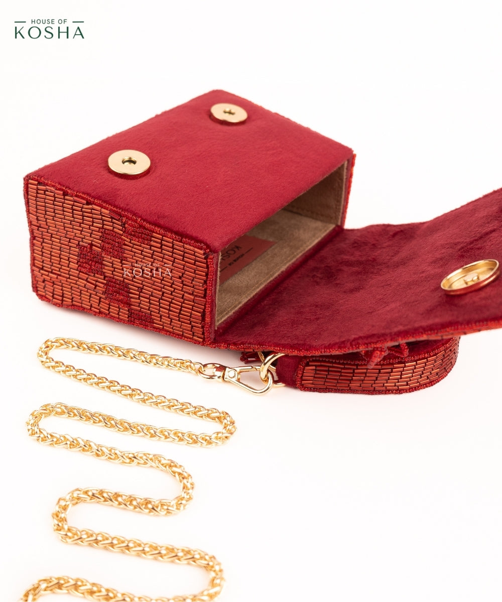 Bushra Red Suede Handcrafted Box Bag
