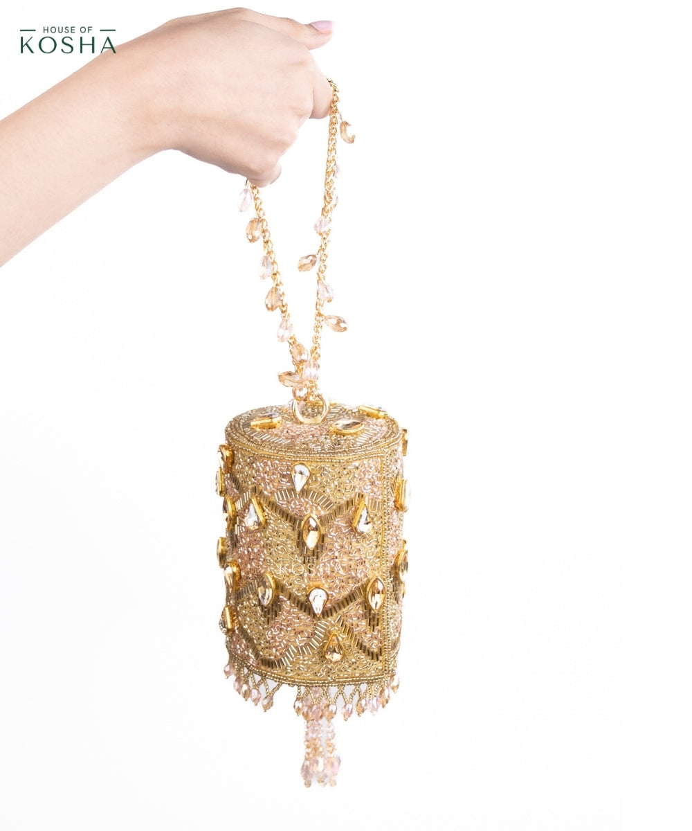 Rania Gold & Pink  Georgette Embellished Cylinder Mini Bag